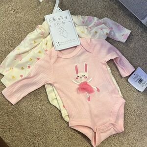 Sterling Baby Pink Bunny Ribbed Long-Sleeve Bodysuit (3-Pack) Like New Worn once